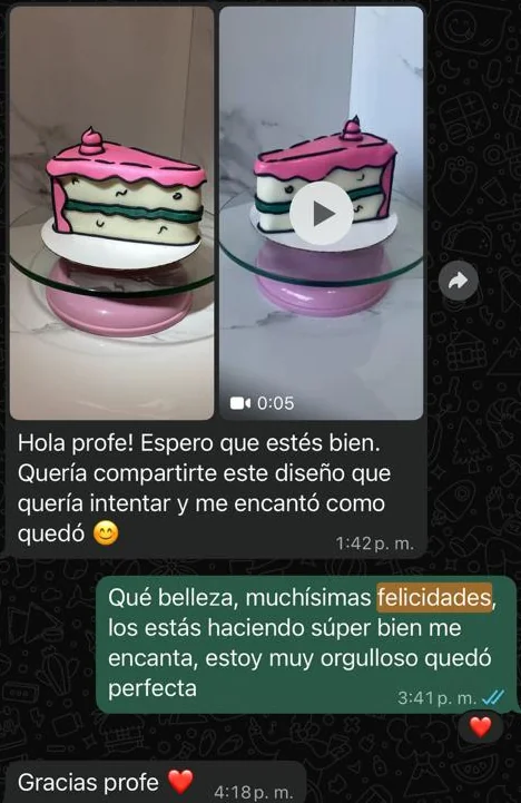 Conversación de WhatsApp de Lu con Manuel, mostrando su pastel estilo caricatura