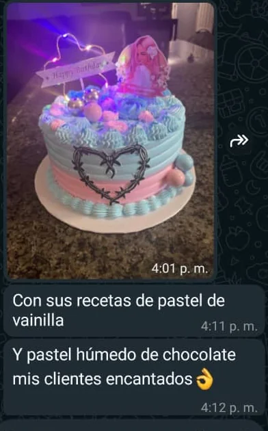 Mensaje de WhatsApp de Magali con un pastel decorado